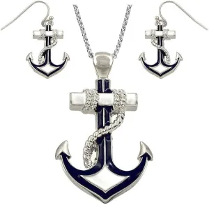 DianaL Boutique Silvertone Nautical Anchor Pendant Necklace and Earring Set 24" Chain