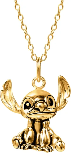 Disney Womens Stitch 3D Pendant Necklace 18" -18kt Yellow Gold Flash-Plated Sterling Silver Stitch Necklace Official License