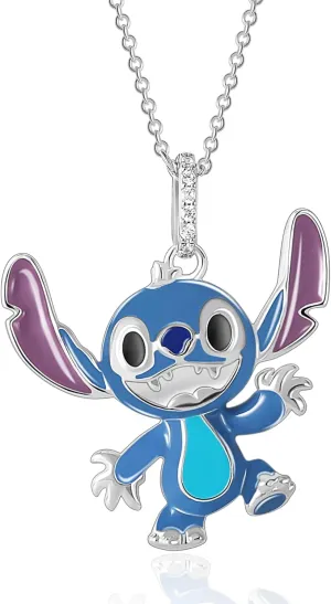 Disney Womens Stitch Necklace 18", Official License Cubic Zirconia and Sterling Silver Necklace with Stitch Pendant