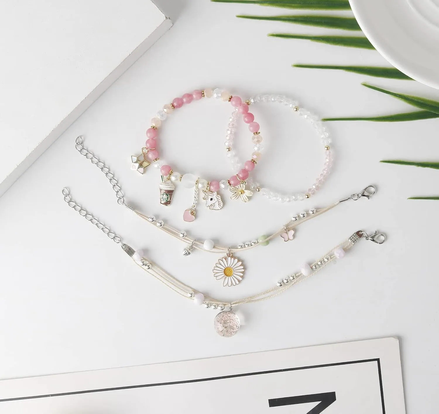 DS 4PCS Beaded Charm Bracelets for Teen Girls Dainty cute cartoon Crystal Beads Pearl Bracelets anklets set for woman and girls Adjustable Stretch bracelet birthday Gift For Friends