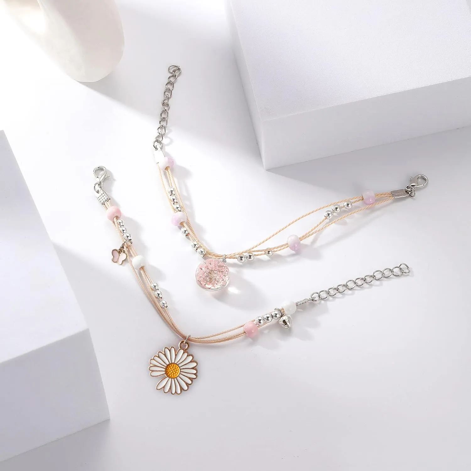 DS 4PCS Beaded Charm Bracelets for Teen Girls Dainty cute cartoon Crystal Beads Pearl Bracelets anklets set for woman and girls Adjustable Stretch bracelet birthday Gift For Friends