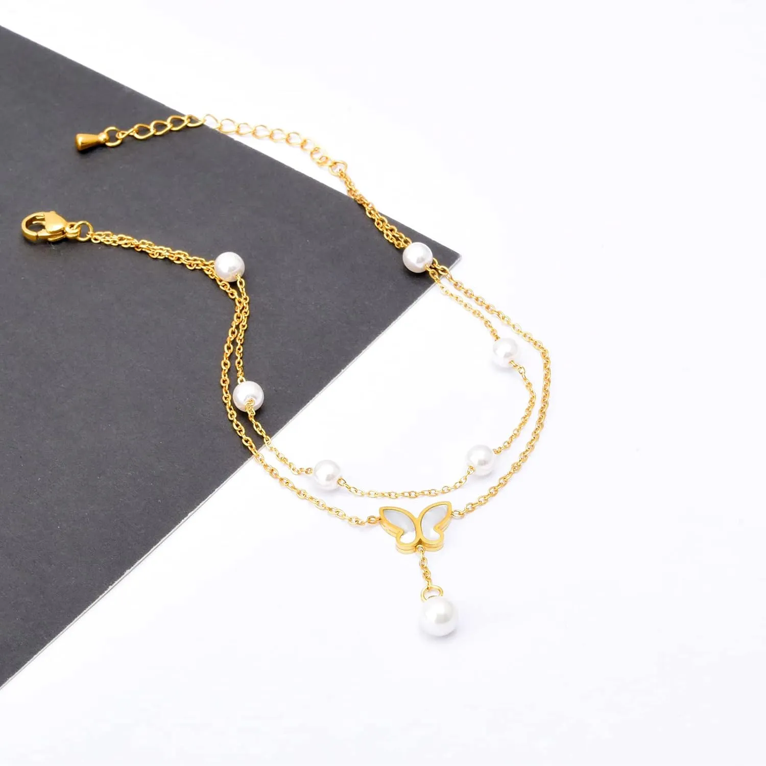 DS Ankle bracelets for women14K Gold Plated Beach Dainty Cute Tiny Adjustable Stainless steel Butterfly pearl ankle bracelets Personalized Foot chain Jewelry Gifts for Wife