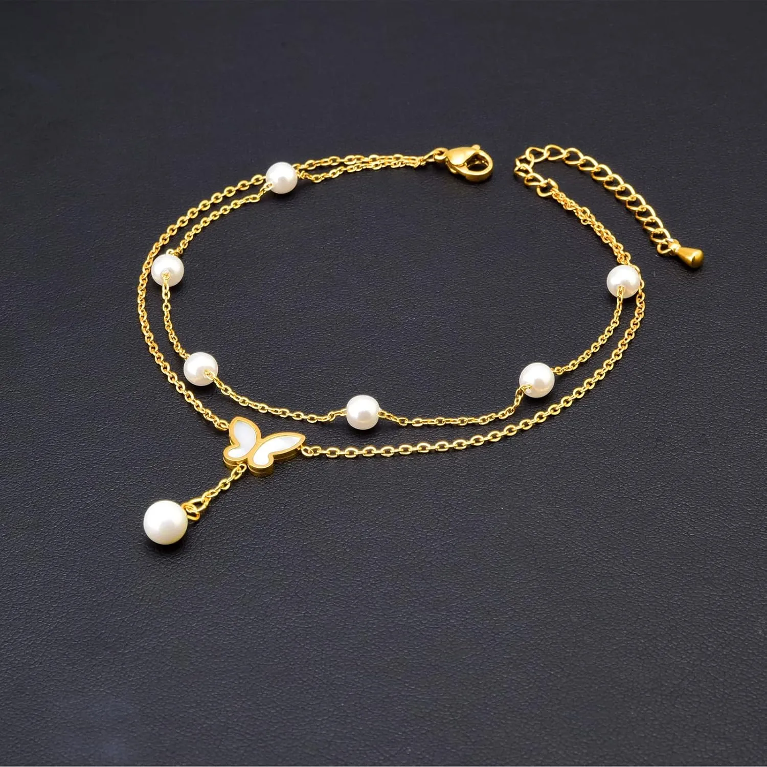 DS Ankle bracelets for women14K Gold Plated Beach Dainty Cute Tiny Adjustable Stainless steel Butterfly pearl ankle bracelets Personalized Foot chain Jewelry Gifts for Wife