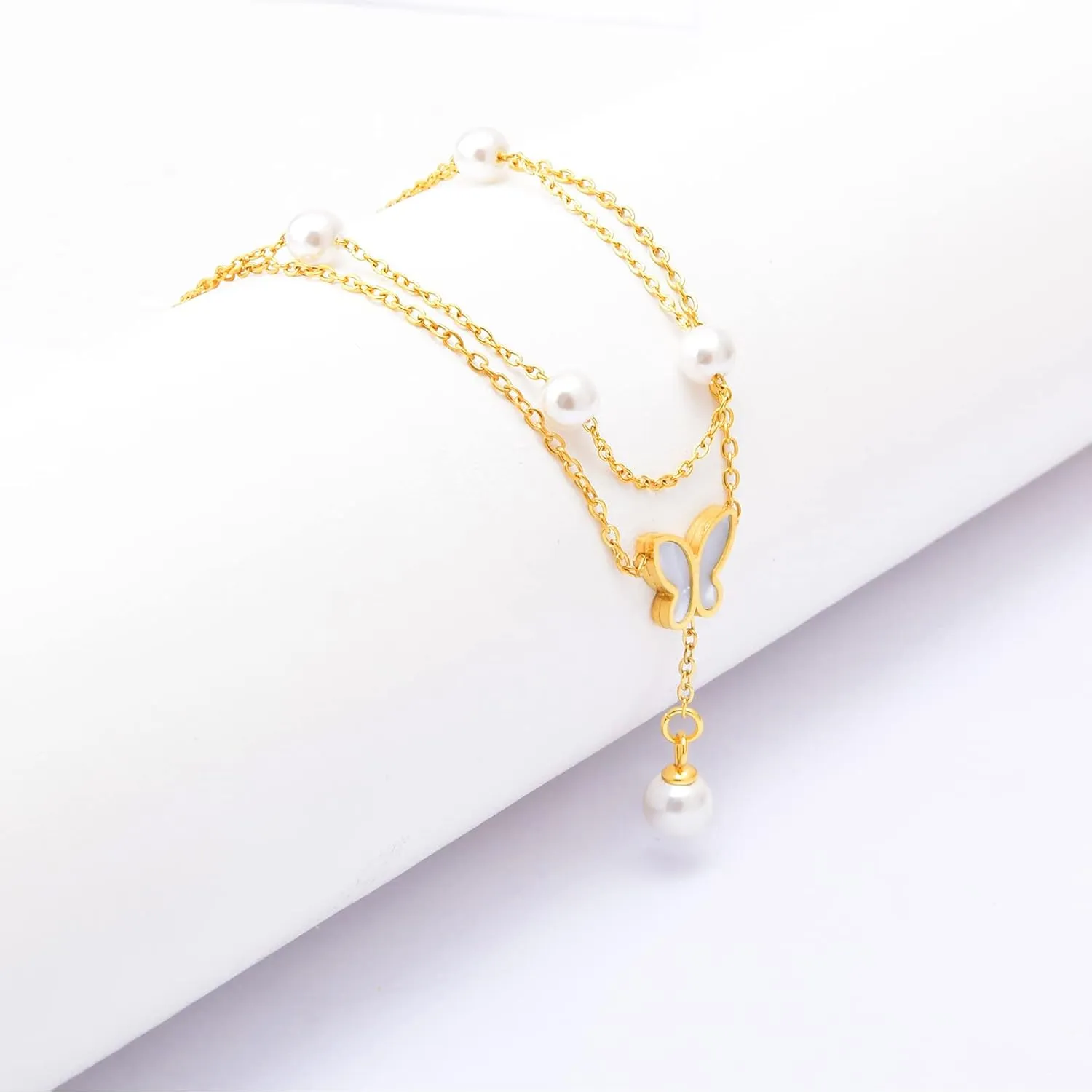 DS Ankle bracelets for women14K Gold Plated Beach Dainty Cute Tiny Adjustable Stainless steel Butterfly pearl ankle bracelets Personalized Foot chain Jewelry Gifts for Wife