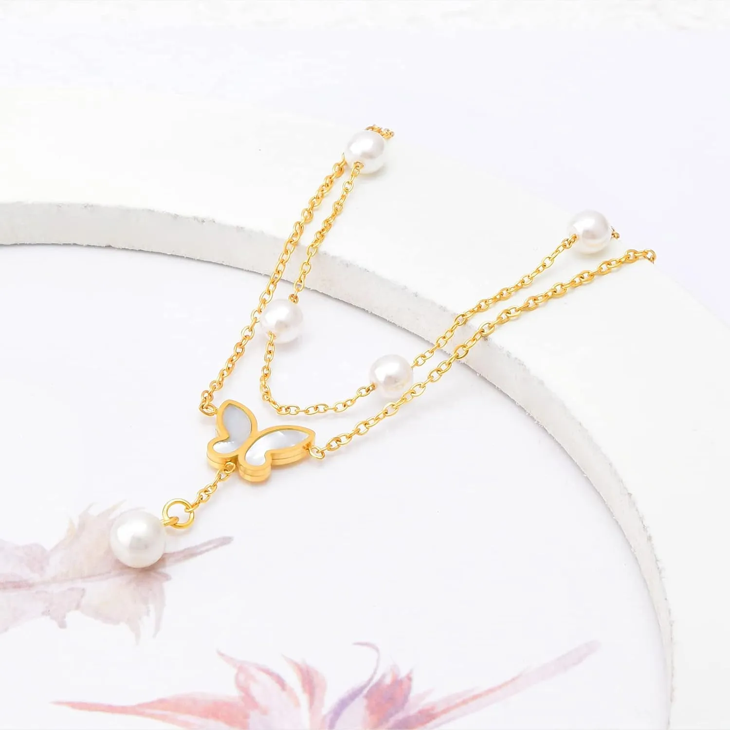 DS Ankle bracelets for women14K Gold Plated Beach Dainty Cute Tiny Adjustable Stainless steel Butterfly pearl ankle bracelets Personalized Foot chain Jewelry Gifts for Wife