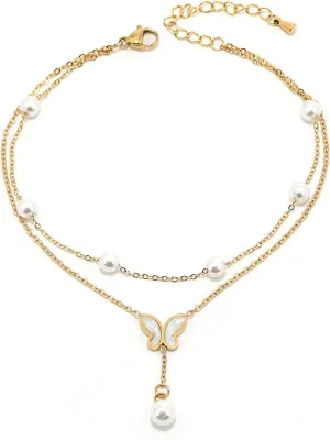 DS Ankle bracelets for women14K Gold Plated Beach Dainty Cute Tiny Adjustable Stainless steel Butterfly pearl ankle bracelets Personalized Foot chain Jewelry Gifts for Wife