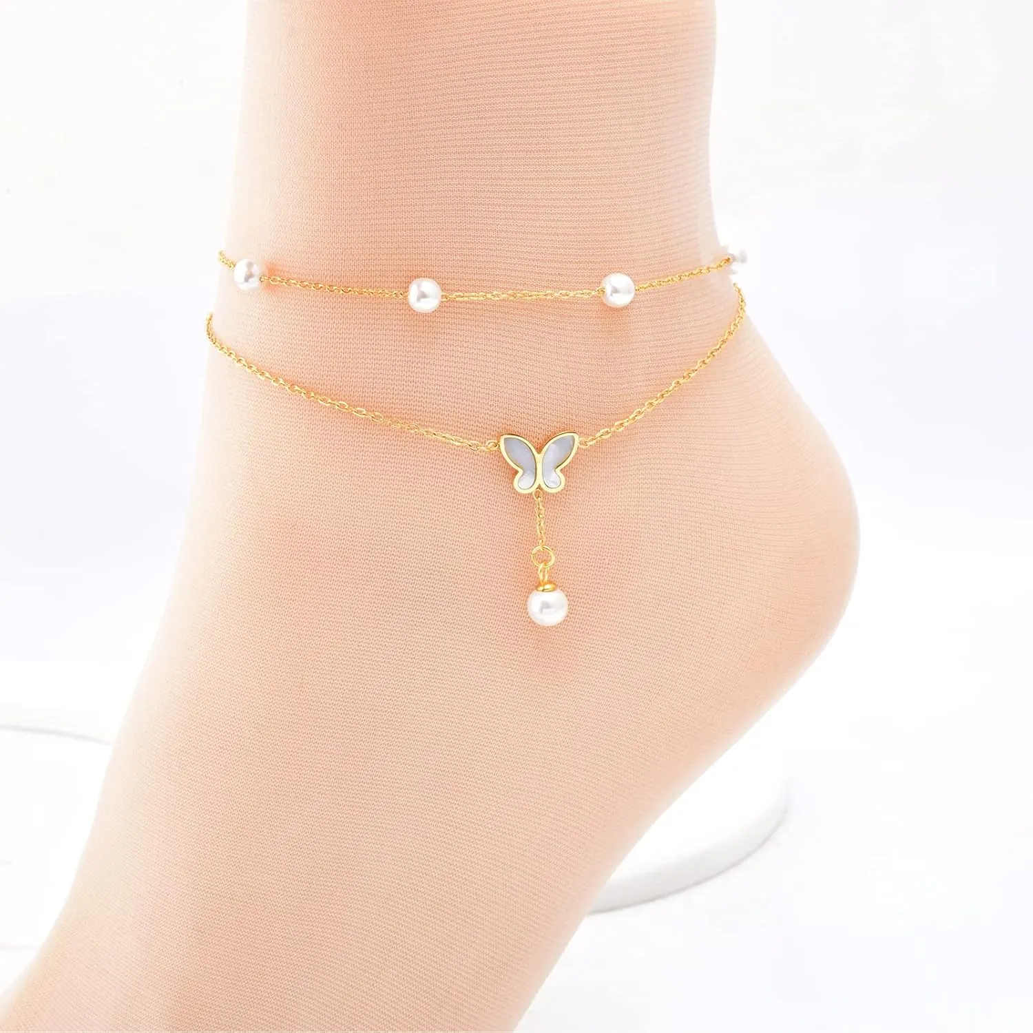 DS Ankle bracelets for women14K Gold Plated Beach Dainty Cute Tiny Adjustable Stainless steel Butterfly pearl ankle bracelets Personalized Foot chain Jewelry Gifts for Wife