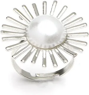 Dtja Big Pearl Sun Statement Wedding Ring for Women Silver-Toned Elegant Round Imitation Pearl Ball Flower Adjustable Open Wrap Finger Rings Comfort Fit Cute Christmas Festival Party Jewelry Gift