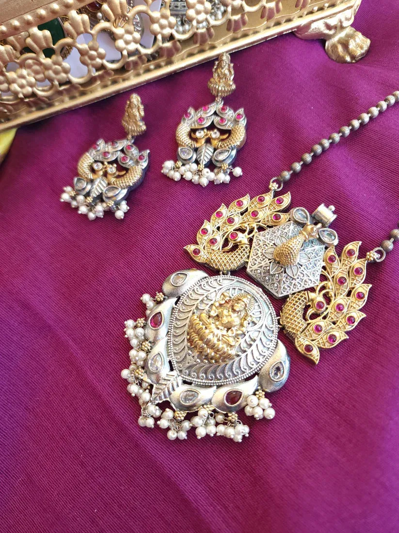 Dual Tone Multicolor Long Necklace Set with Earrings