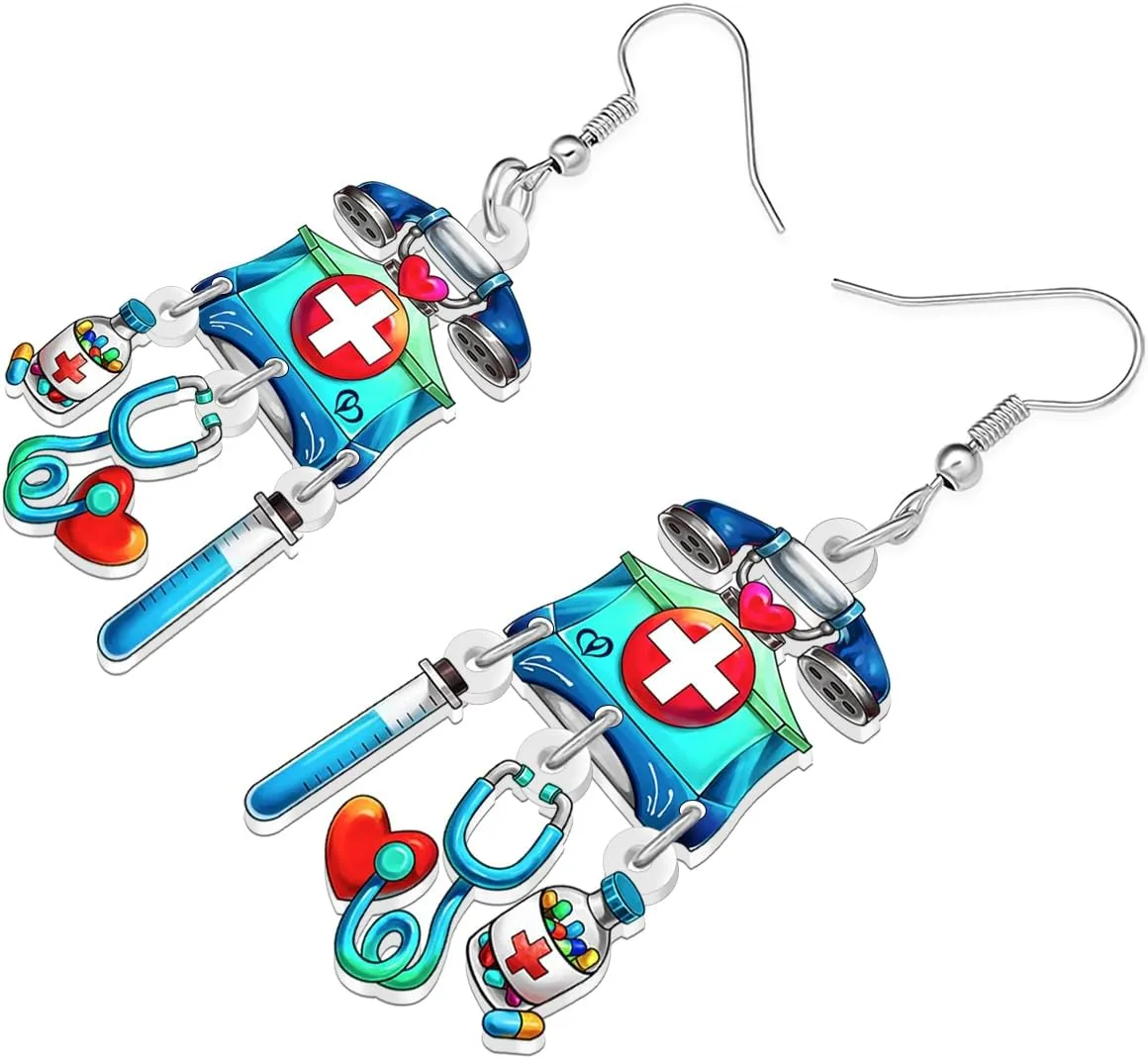 DUOWEI Acrylic Fun Nurse Earrings Cute Stethoscope Earrings Paramedic Graduation Appreciation Dangle Jewelry for Women Mom RN Nurses Week Doctor Gifts Ideas