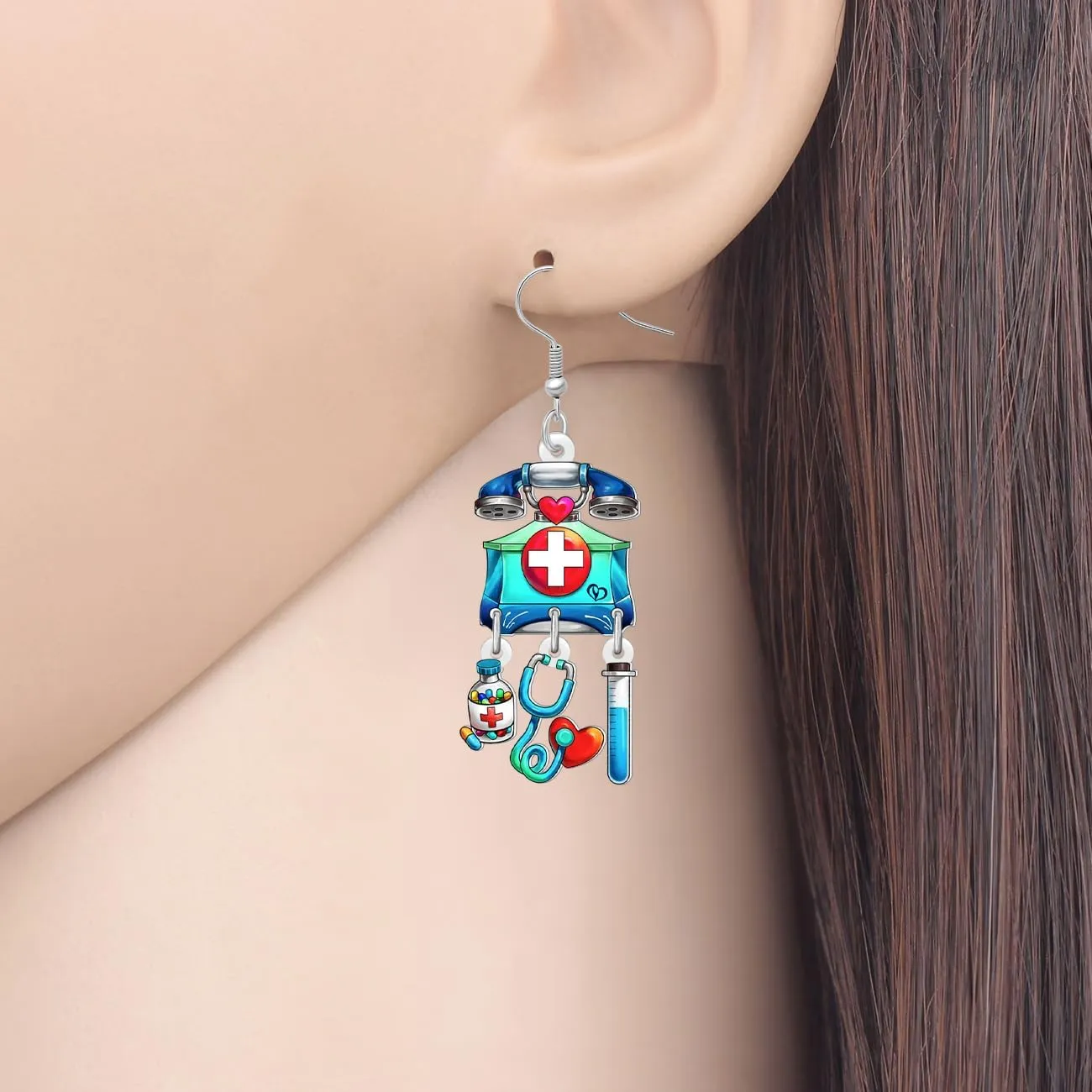 DUOWEI Acrylic Fun Nurse Earrings Cute Stethoscope Earrings Paramedic Graduation Appreciation Dangle Jewelry for Women Mom RN Nurses Week Doctor Gifts Ideas