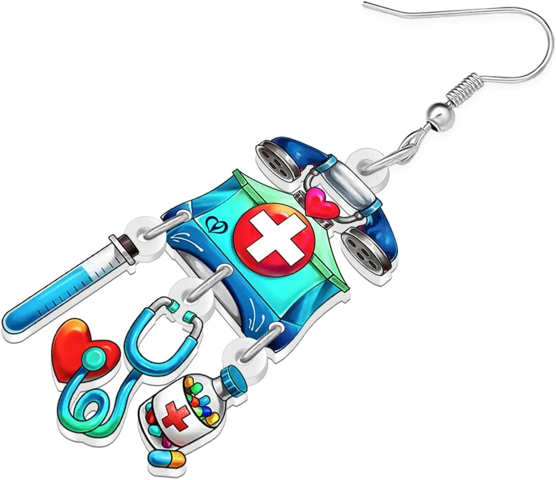 DUOWEI Acrylic Fun Nurse Earrings Cute Stethoscope Earrings Paramedic Graduation Appreciation Dangle Jewelry for Women Mom RN Nurses Week Doctor Gifts Ideas