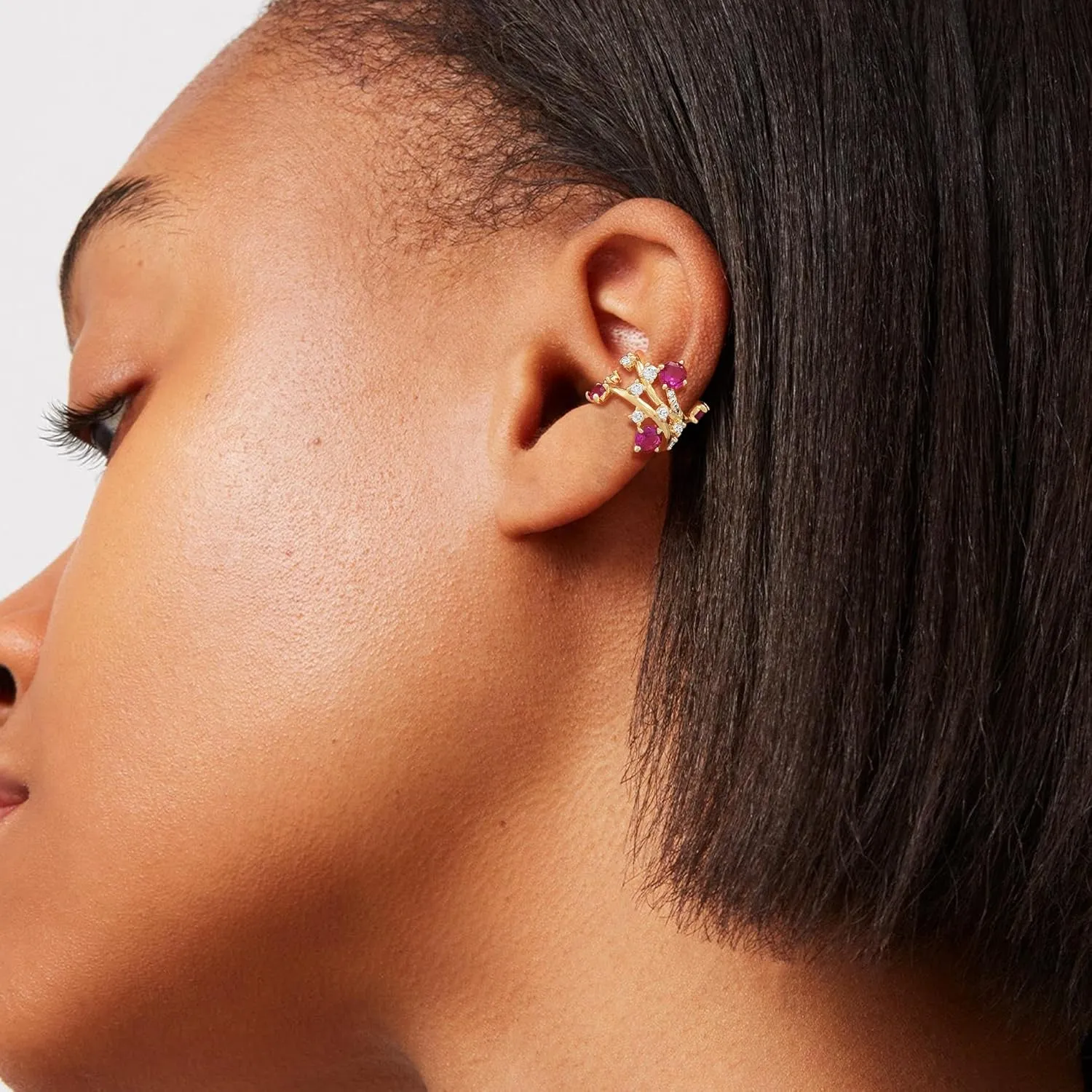 Ear Cuff Earrings for Women Trendy 14K Gold Plated Cubic Zirconia Paved Multi-Colored Floral Sparkle Huggie Ear Cuffs Non Piercing | Clip On Cartilage | Single
