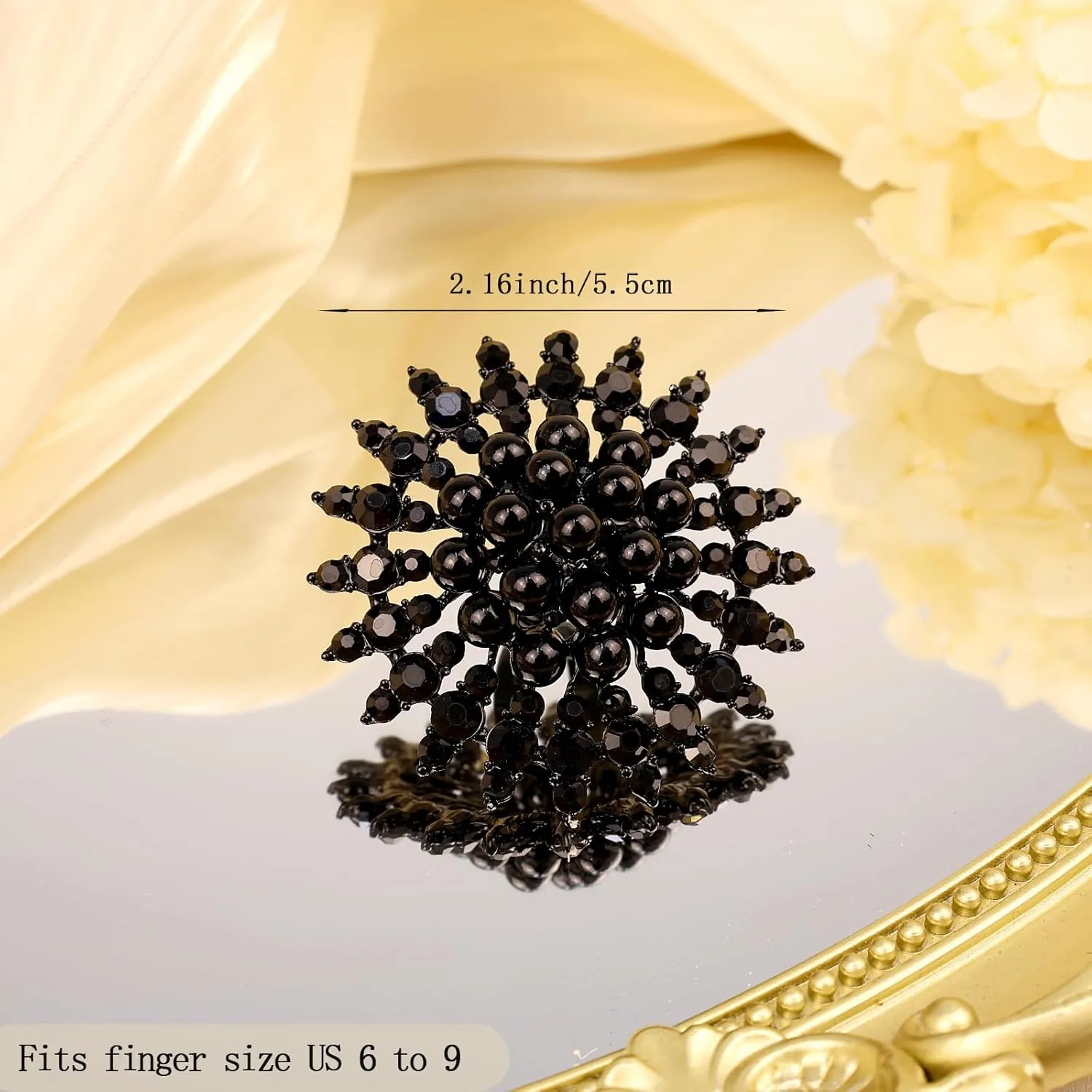 Elegant Big Crystal Ring for Women Gold Stacking Pearl Rhinestone Flower Rings Open Finger Adjustable Crystal Statement Ring Jewelry for Bridal Wedding