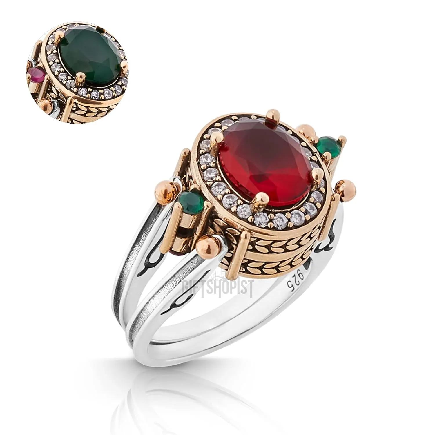 Elegant Reversible 925 Sterling Silver Ring for Women Jewelry - Handcrafted in Turkey, Featuring Oval-Cut Ruby, Emerald, Jade, and Topaz - Available in All Sizes