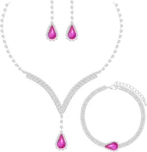 Elegant V-shape Silver Crystal Wedding Jewelry Set for Women Bridal Necklace Earrings Bracelet Set Brides Bridesmaids Party Costume Accessory