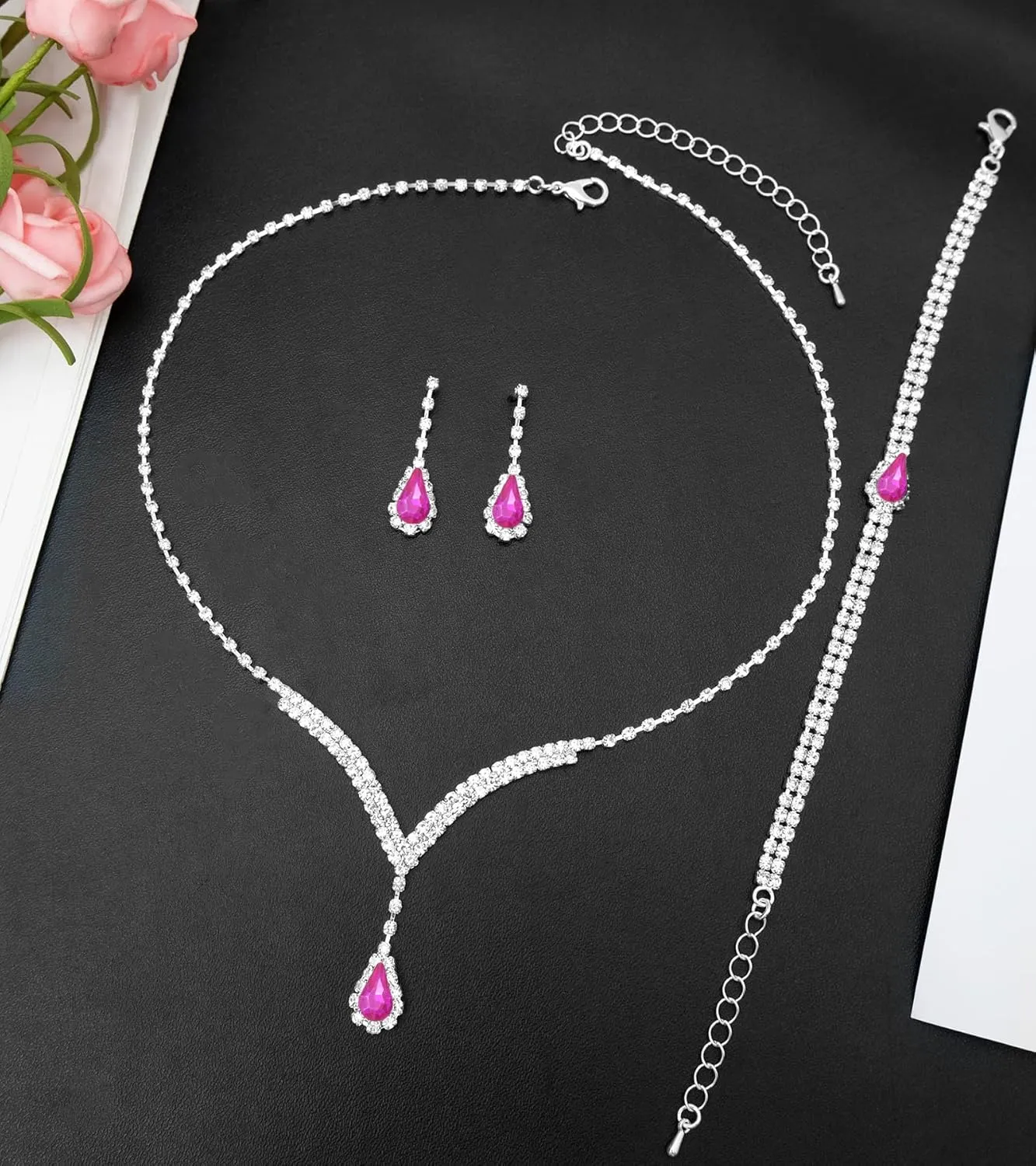 Elegant V-shape Silver Crystal Wedding Jewelry Set for Women Bridal Necklace Earrings Bracelet Set Brides Bridesmaids Party Costume Accessory