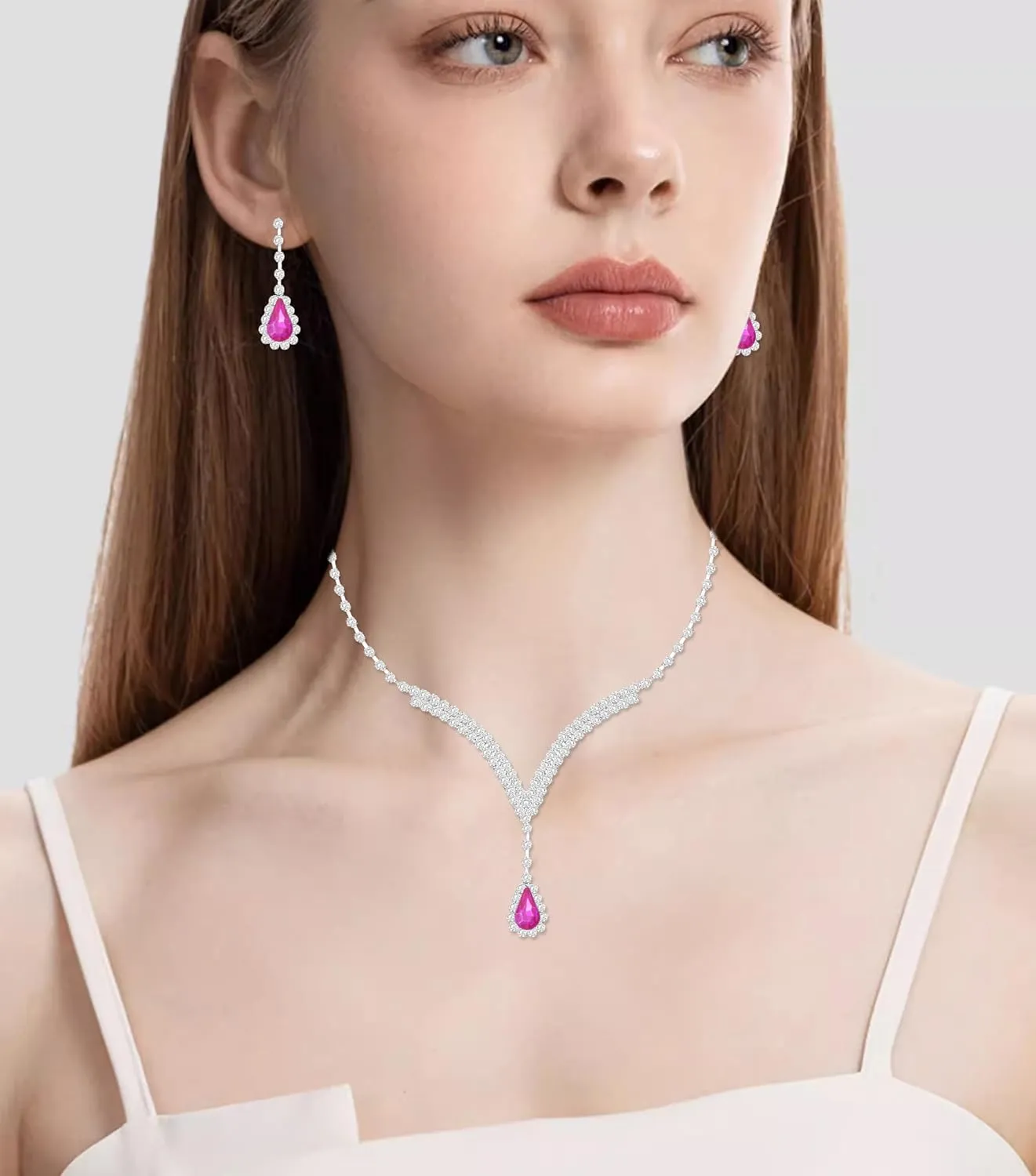 Elegant V-shape Silver Crystal Wedding Jewelry Set for Women Bridal Necklace Earrings Bracelet Set Brides Bridesmaids Party Costume Accessory