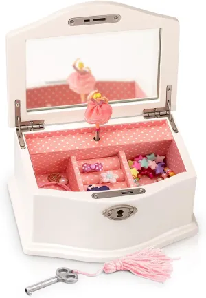 Elle Jewelry Box - Ballerina Jewelry Organizer and Swan Lake Wind-Up Music Box for Girls and Teens, Accessories and Keepsake Wooden Storage with Lock and Mirror, Charming Room Decor and Gift, Small