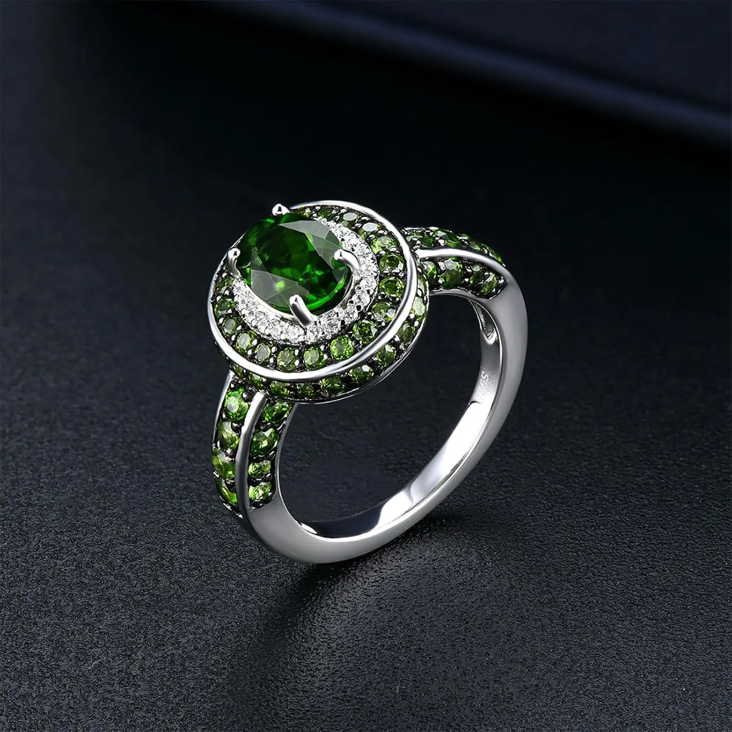 Engagement Rings for Women Solid 925 Sterling Silver Natural Gemstone Chrome Diopside Elegant Promise Ring Set Black Rhodium Plated Cubic Zirconia Fine Jewelry