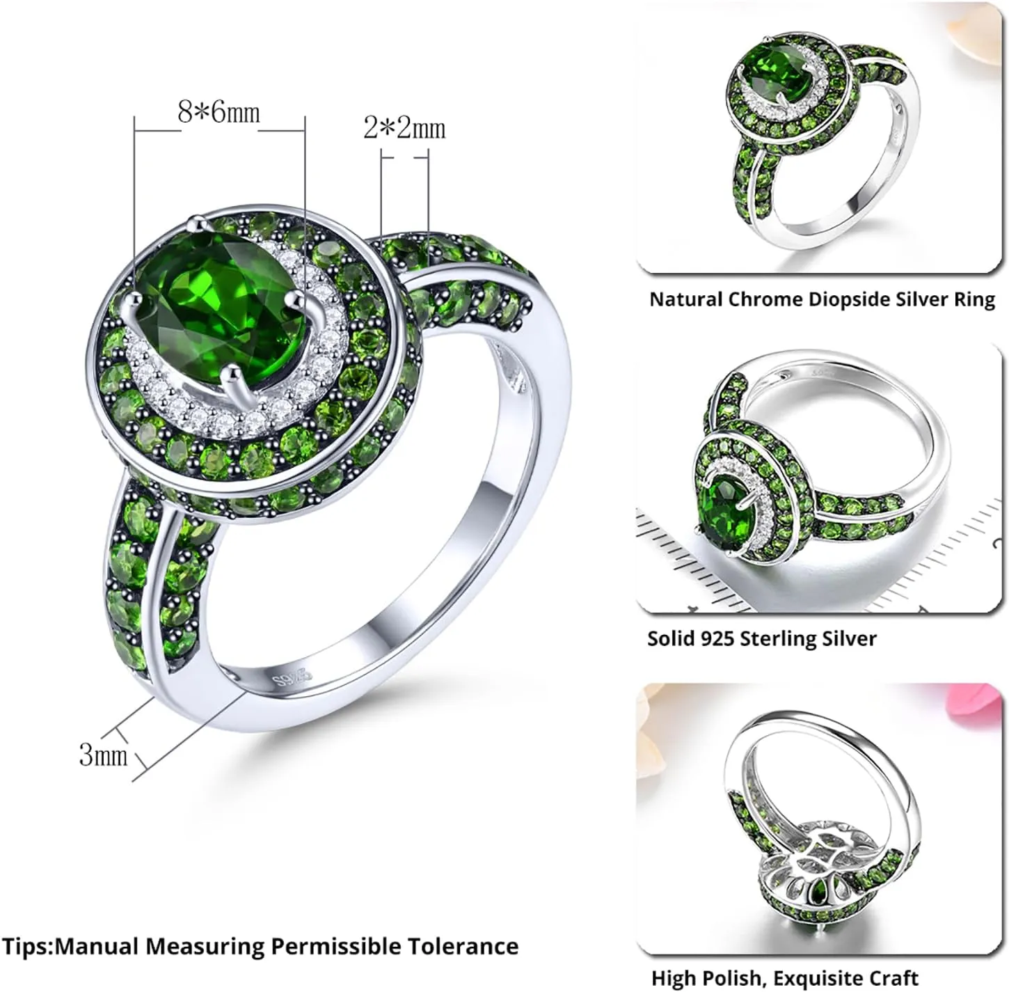 Engagement Rings for Women Solid 925 Sterling Silver Natural Gemstone Chrome Diopside Elegant Promise Ring Set Black Rhodium Plated Cubic Zirconia Fine Jewelry