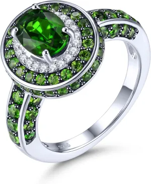 Engagement Rings for Women Solid 925 Sterling Silver Natural Gemstone Chrome Diopside Elegant Promise Ring Set Black Rhodium Plated Cubic Zirconia Fine Jewelry