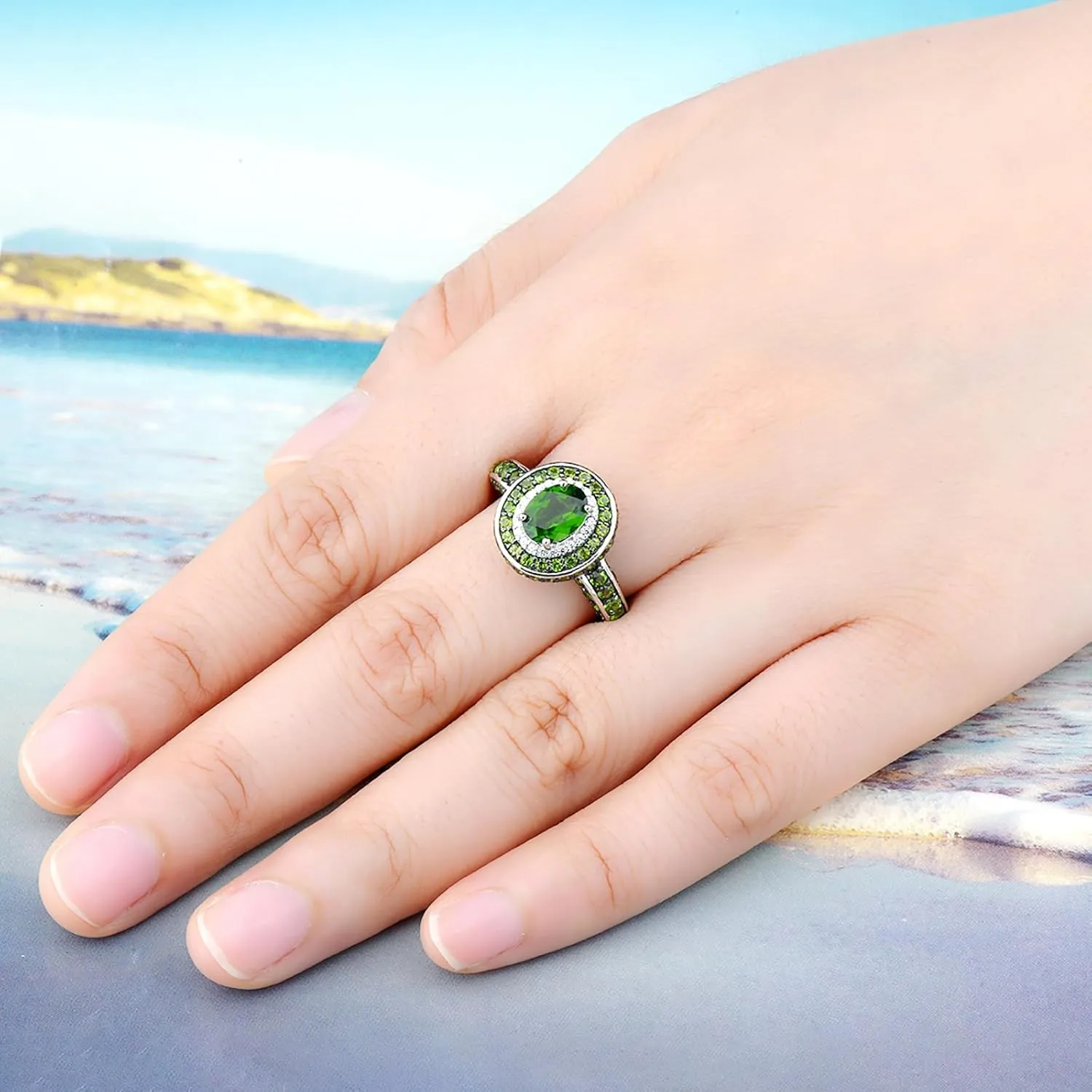 Engagement Rings for Women Solid 925 Sterling Silver Natural Gemstone Chrome Diopside Elegant Promise Ring Set Black Rhodium Plated Cubic Zirconia Fine Jewelry