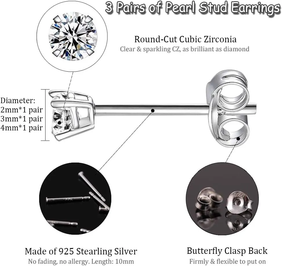 EPIRORA Sterling Silver Stud Earrings for Women- 3 Pairs Tiny Ball Stud Earrings Round CZ Cubic Zirconia Earrings Pearl Earrings Set Cartilage Small Tragus Earrings(2mm,3mm,4mm)