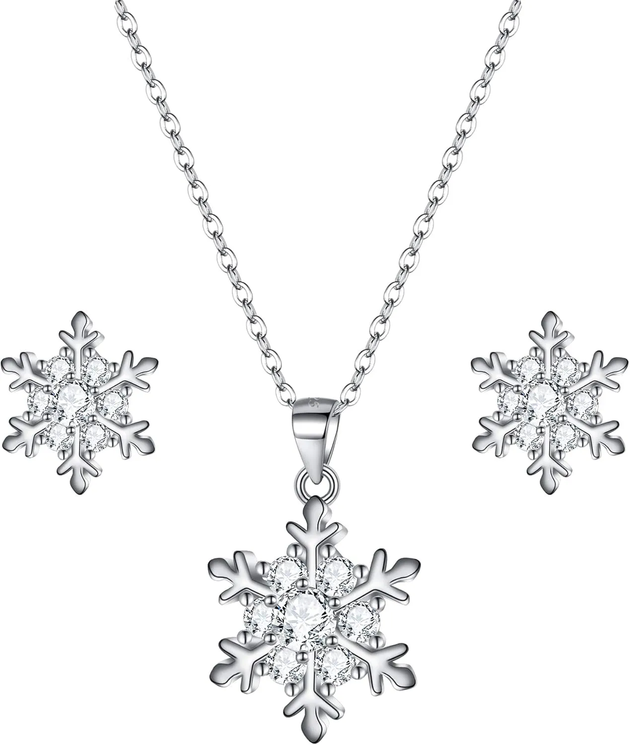 EVER FAITH 925 Sterling Silver CZ Winter Party Snowflake Flower Necklace Stud Earrings Set Clear
