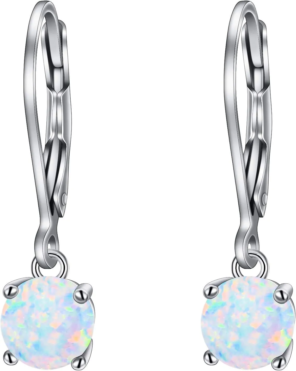 EVER FAITH 925 Sterling Silver Dainty Ear Jewelry Single 6MM Round Opal Simple Leverback Dangle Earrings for Women