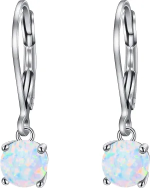 EVER FAITH 925 Sterling Silver Dainty Ear Jewelry Single 6MM Round Opal Simple Leverback Dangle Earrings for Women