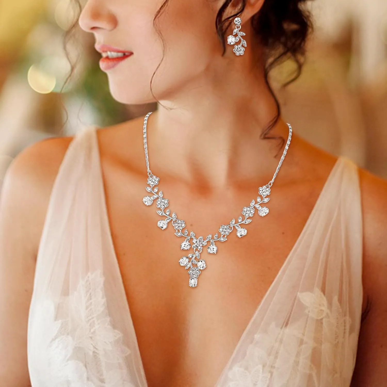 EVER FAITH Bridal Jewelry Sets for Wedding Rhinestone Crystal Flower Leaf Costume Pendant Necklace Earrings Set for Women
