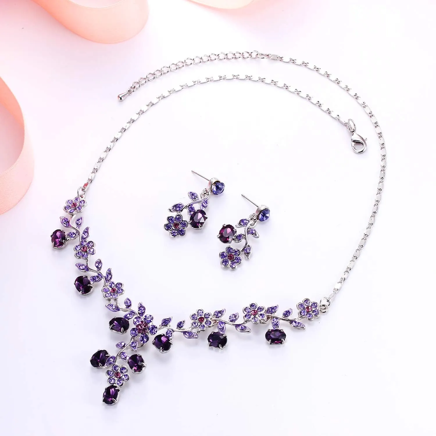 EVER FAITH Bridal Jewelry Sets for Wedding Rhinestone Crystal Flower Leaf Costume Pendant Necklace Earrings Set for Women