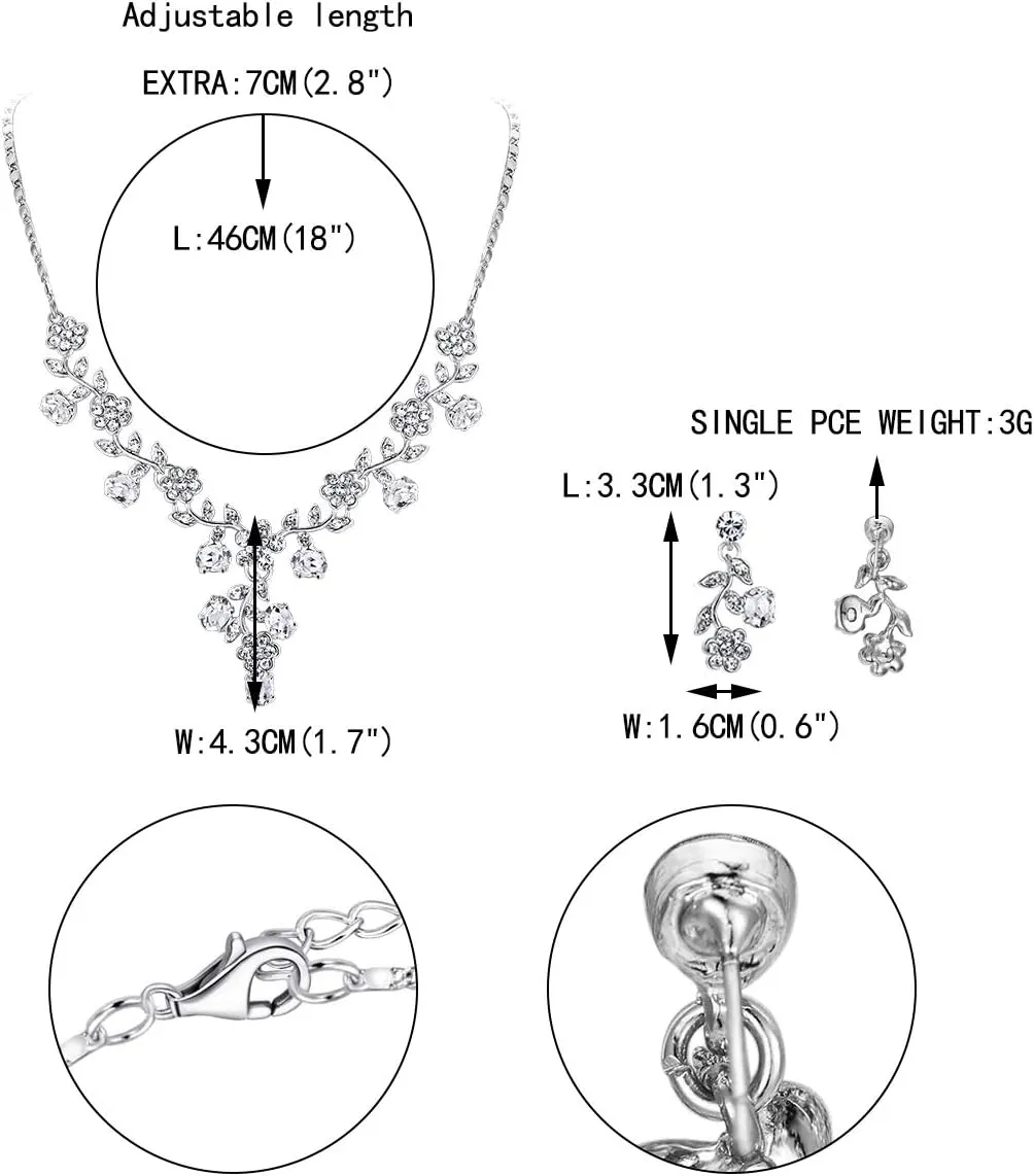 EVER FAITH Bridal Jewelry Sets for Wedding Rhinestone Crystal Flower Leaf Costume Pendant Necklace Earrings Set for Women