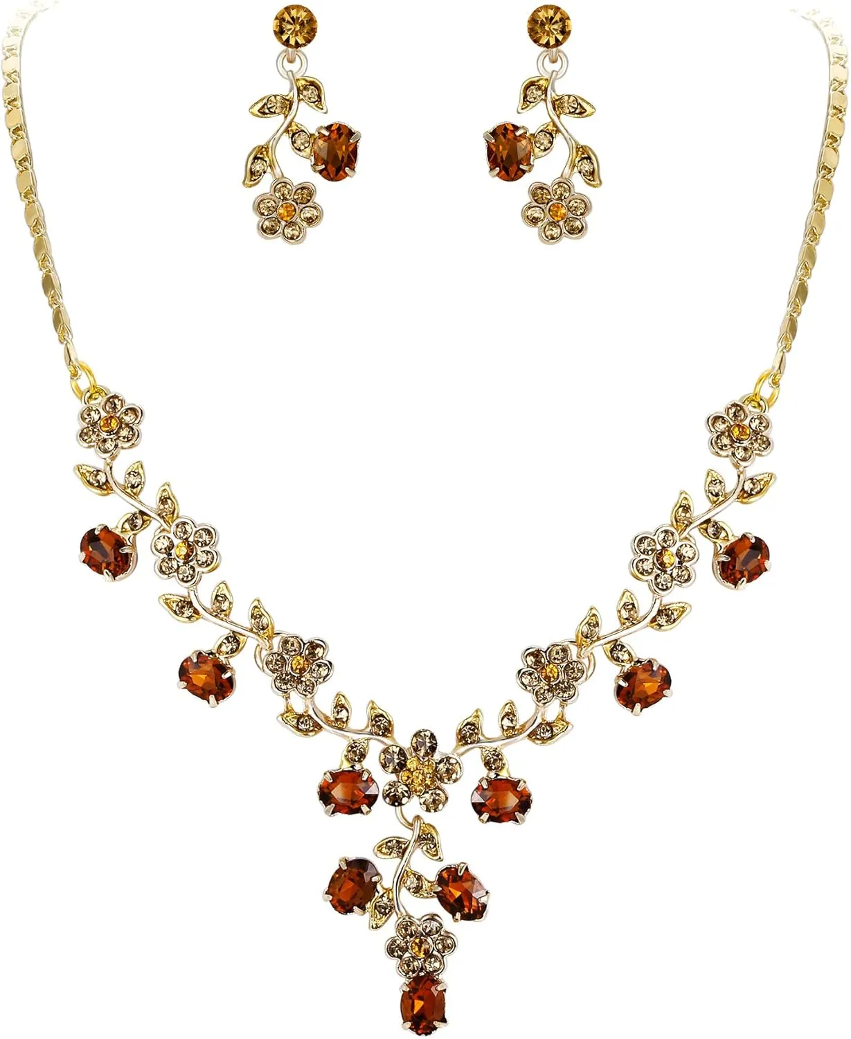 EVER FAITH Bridal Jewelry Sets for Wedding Rhinestone Crystal Flower Leaf Costume Pendant Necklace Earrings Set for Women