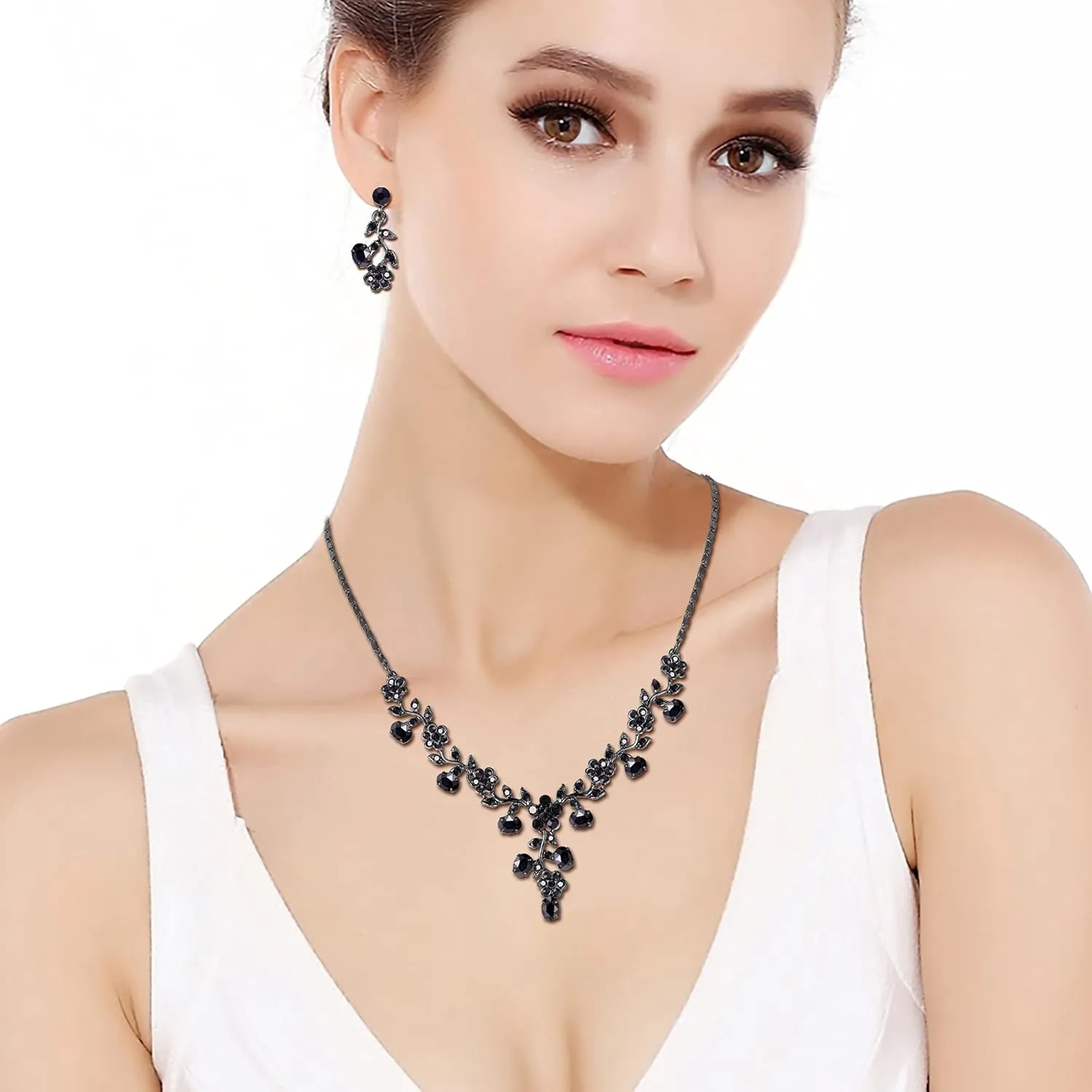 EVER FAITH Bridal Jewelry Sets for Wedding Rhinestone Crystal Flower Leaf Costume Pendant Necklace Earrings Set for Women