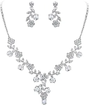 EVER FAITH Bridal Jewelry Sets for Wedding Rhinestone Crystal Flower Leaf Costume Pendant Necklace Earrings Set for Women