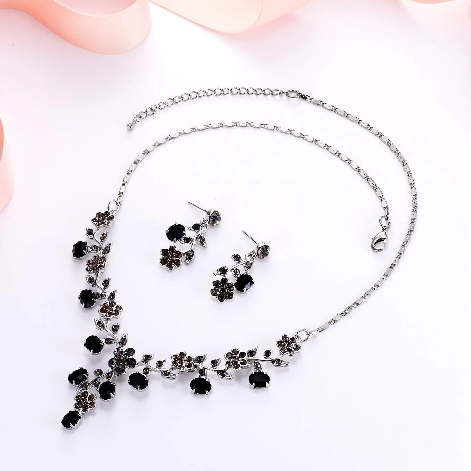 EVER FAITH Bridal Jewelry Sets for Wedding Rhinestone Crystal Flower Leaf Costume Pendant Necklace Earrings Set for Women
