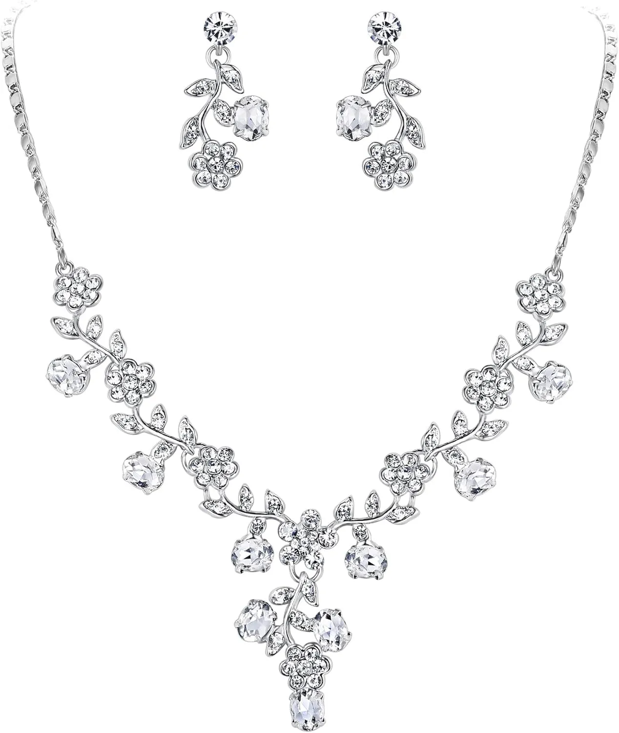 EVER FAITH Bridal Jewelry Sets for Wedding Rhinestone Crystal Flower Leaf Costume Pendant Necklace Earrings Set for Women