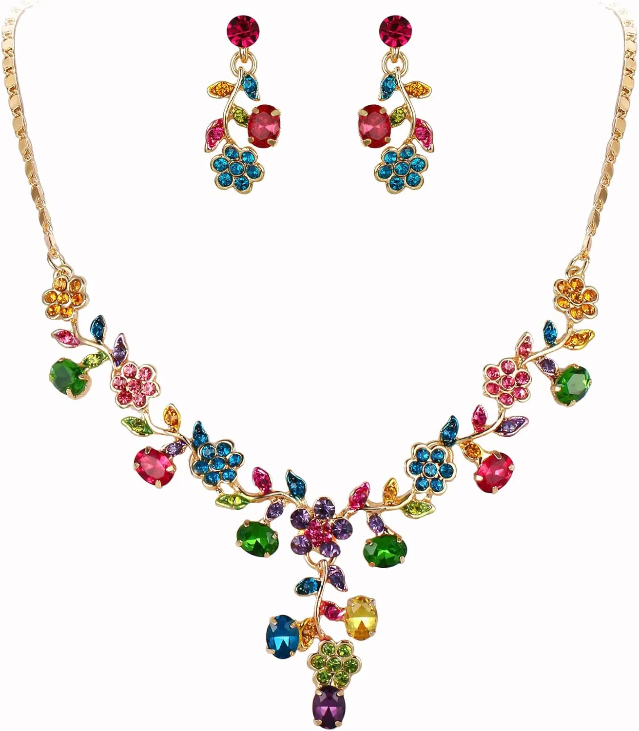 EVER FAITH Bridal Jewelry Sets for Wedding Rhinestone Crystal Flower Leaf Costume Pendant Necklace Earrings Set for Women