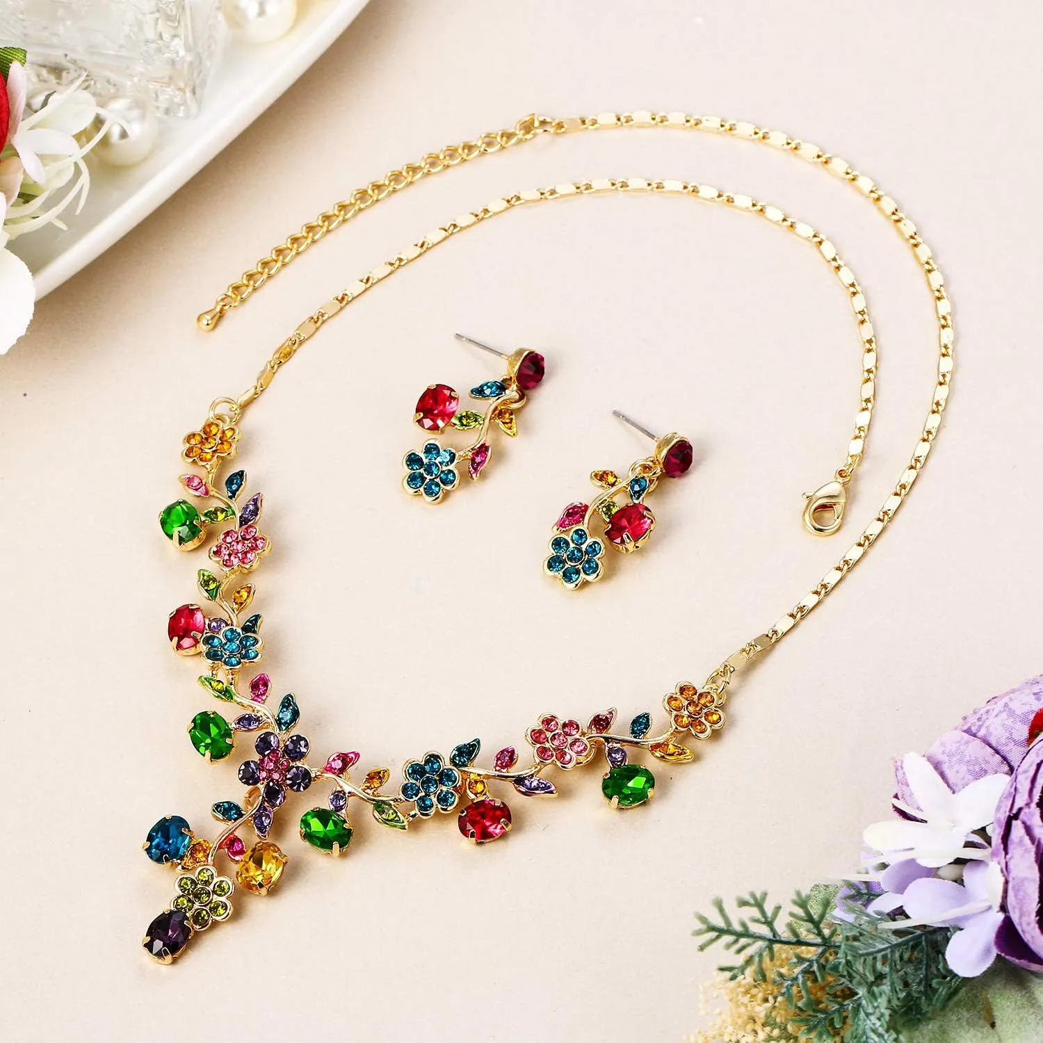 EVER FAITH Bridal Jewelry Sets for Wedding Rhinestone Crystal Flower Leaf Costume Pendant Necklace Earrings Set for Women