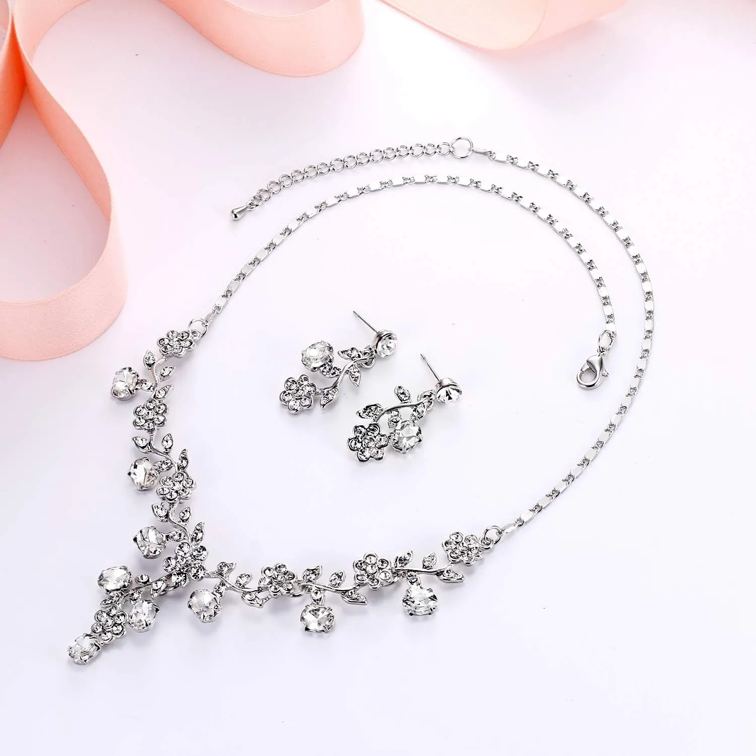 EVER FAITH Bridal Jewelry Sets for Wedding Rhinestone Crystal Flower Leaf Costume Pendant Necklace Earrings Set for Women
