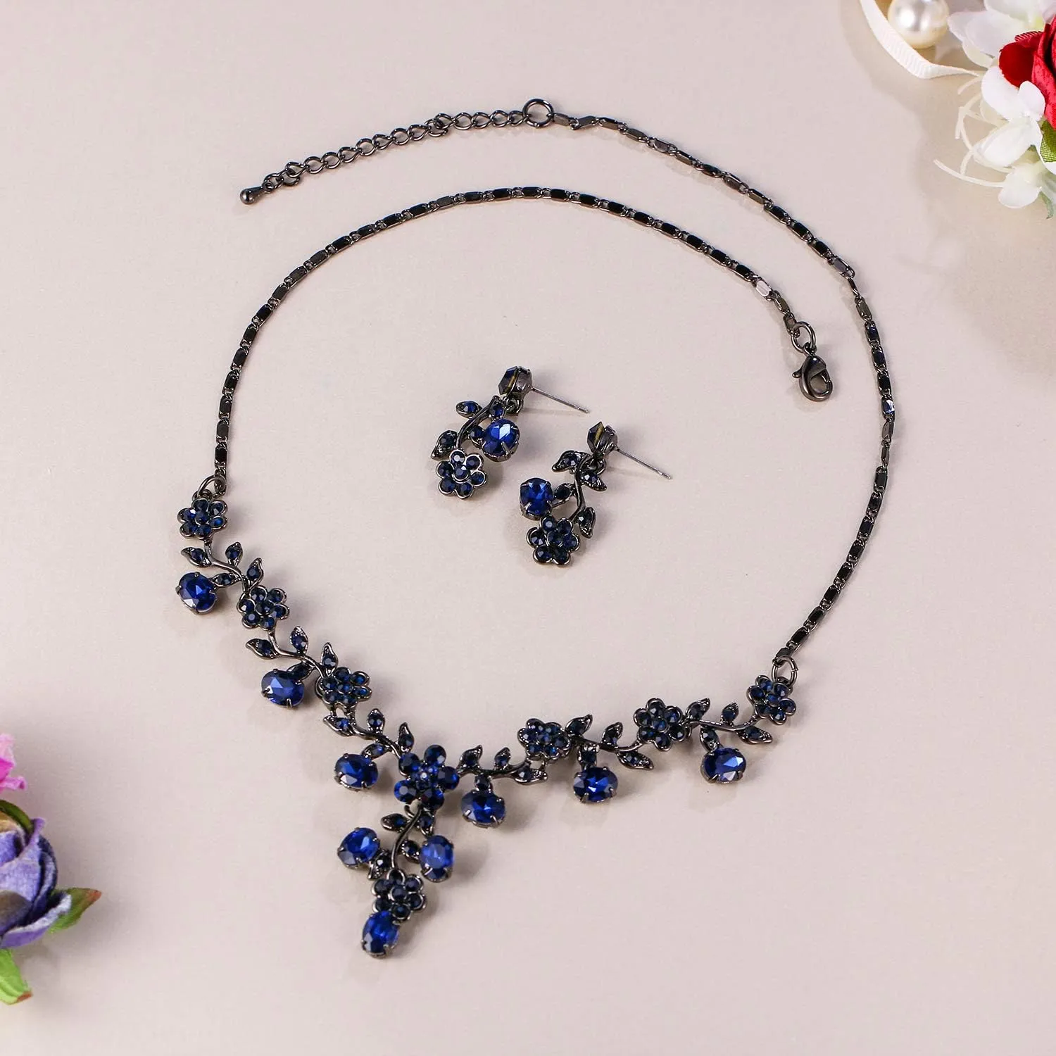 EVER FAITH Bridal Jewelry Sets for Wedding Rhinestone Crystal Flower Leaf Costume Pendant Necklace Earrings Set for Women