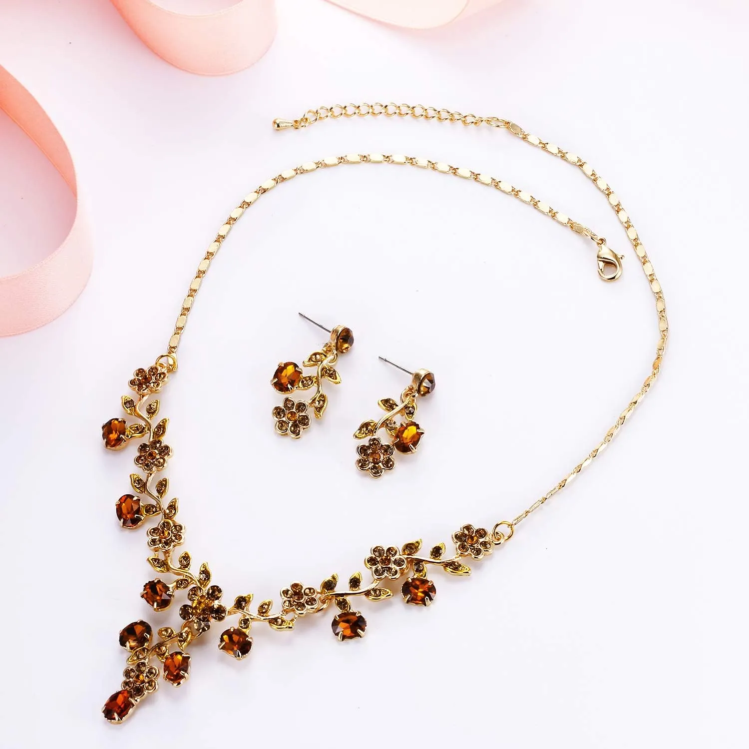 EVER FAITH Bridal Jewelry Sets for Wedding Rhinestone Crystal Flower Leaf Costume Pendant Necklace Earrings Set for Women