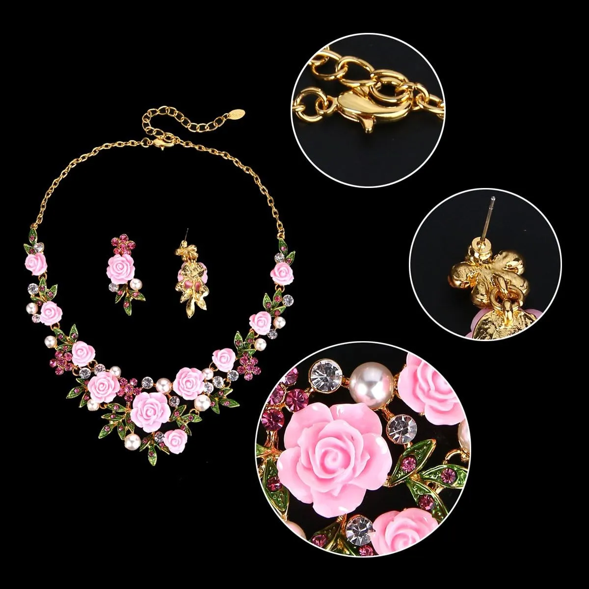 EVER FAITH Costume Jewelry Crystal Simulated Pearl Rose Flower Leaf Prom Party Statement Necklace Earrings Bracelet Set for Women