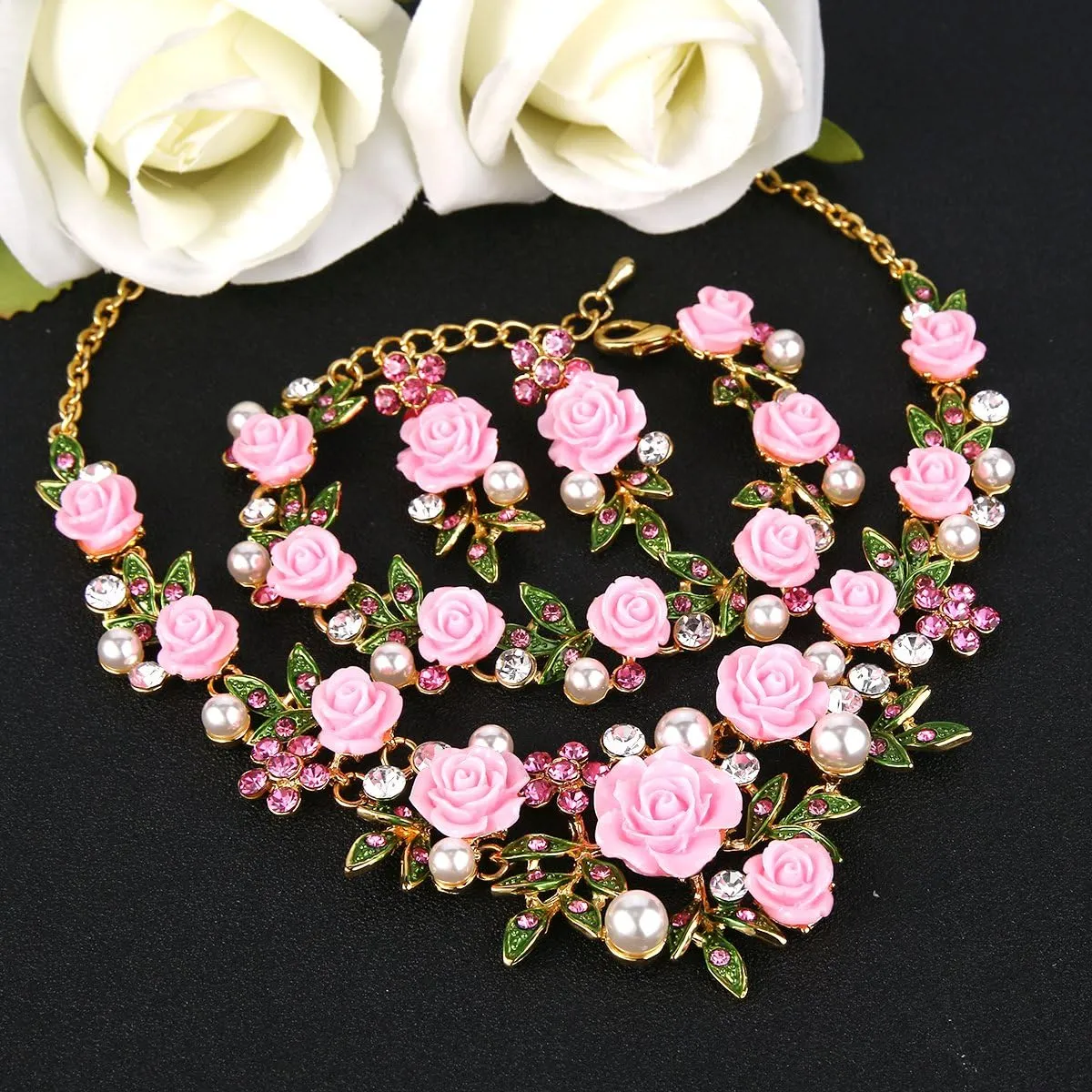 EVER FAITH Costume Jewelry Crystal Simulated Pearl Rose Flower Leaf Prom Party Statement Necklace Earrings Bracelet Set for Women