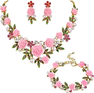 EVER FAITH Costume Jewelry Crystal Simulated Pearl Rose Flower Leaf Prom Party Statement Necklace Earrings Bracelet Set for Women