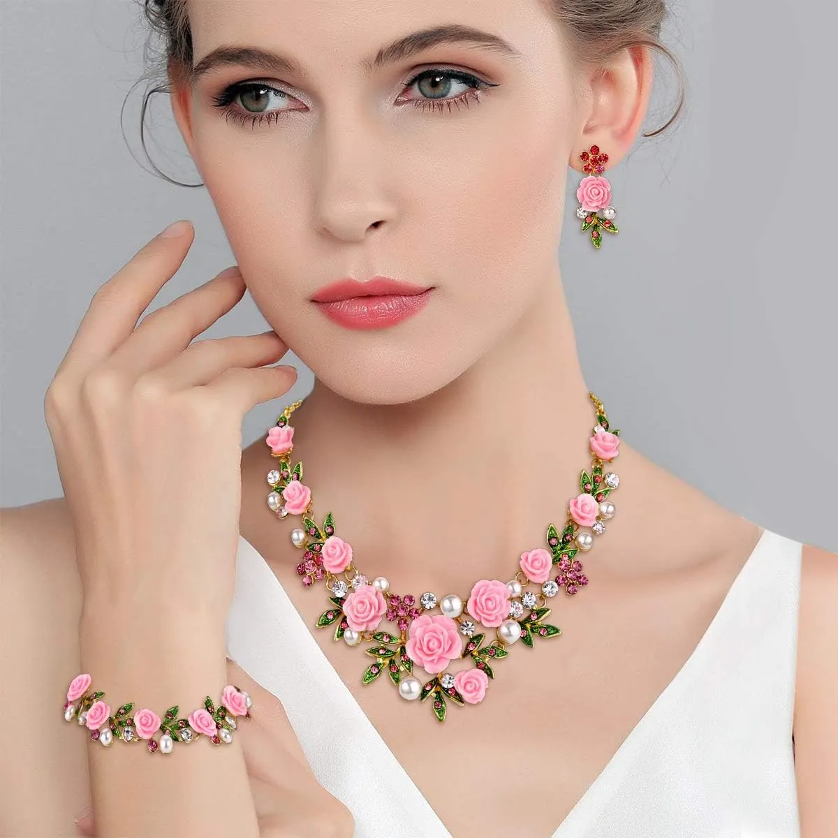 EVER FAITH Costume Jewelry Crystal Simulated Pearl Rose Flower Leaf Prom Party Statement Necklace Earrings Bracelet Set for Women