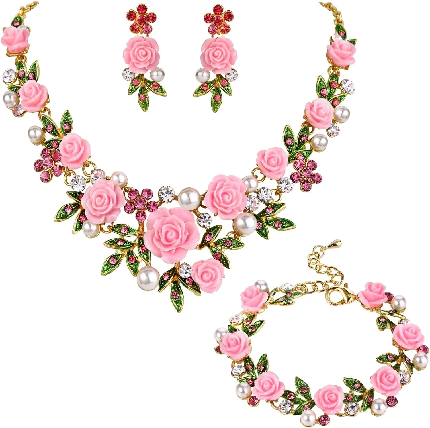 EVER FAITH Costume Jewelry Crystal Simulated Pearl Rose Flower Leaf Prom Party Statement Necklace Earrings Bracelet Set for Women