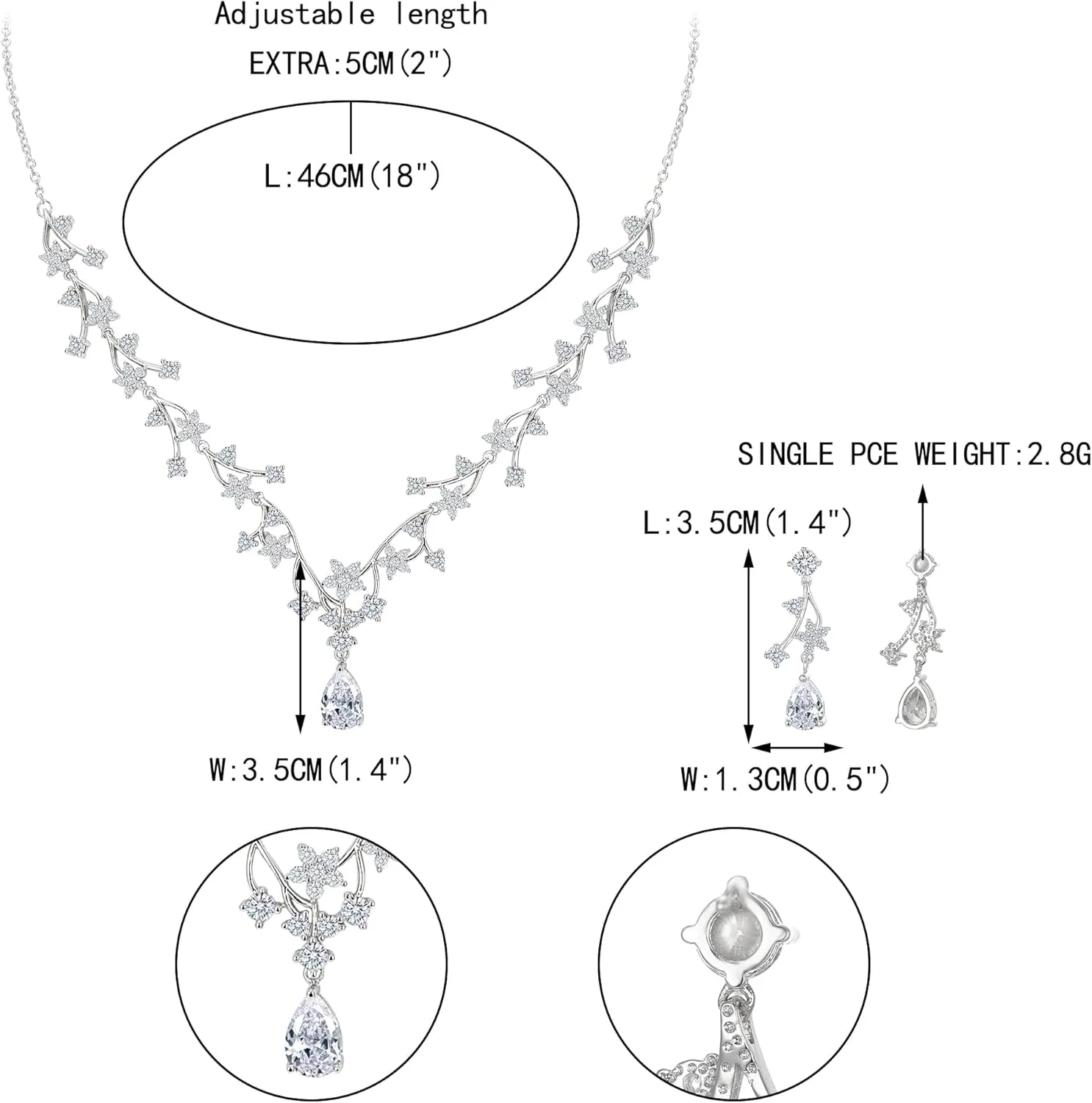 EVER FAITH Gorgeous Wedding Jewelry Set for Bridal White Teardrop Round CZ Flower Cluster Vine Necklace Earrings Sets